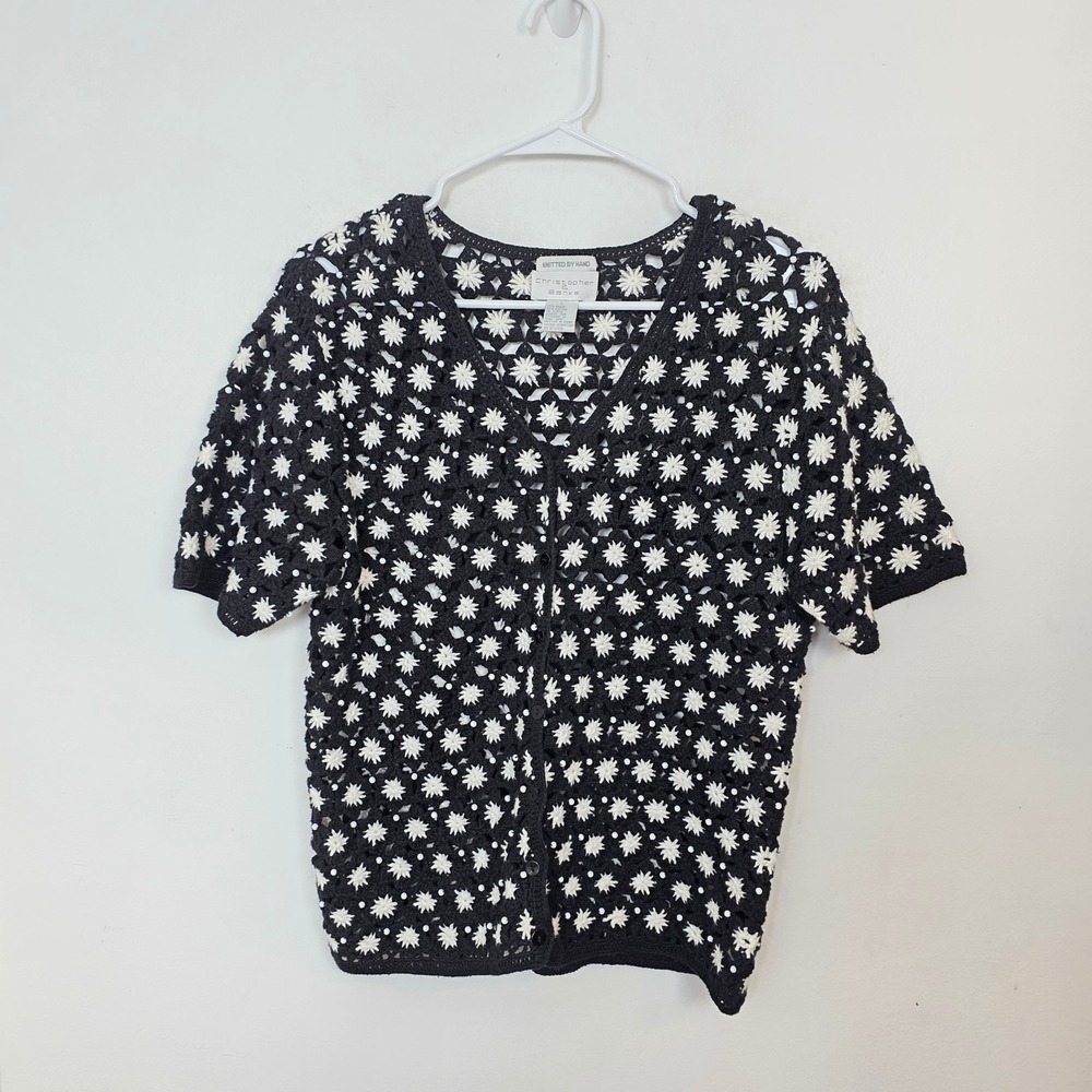 C&B Daisy Black White Crochet‎ Cottagecore Dainty Short Sleeve Cardigan Size L